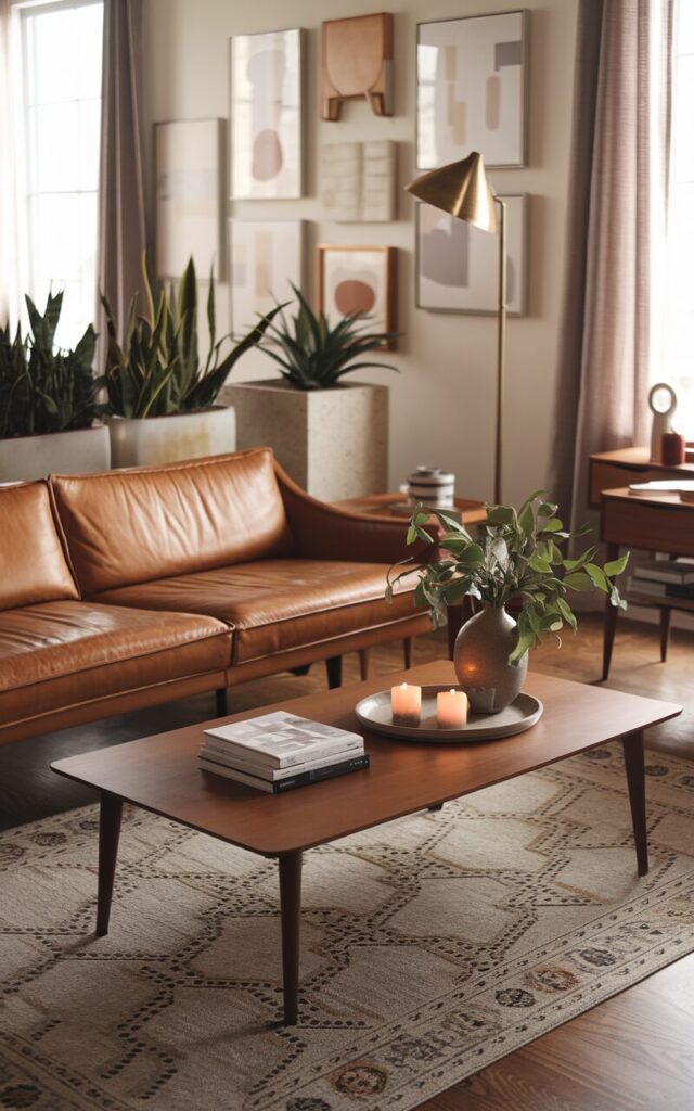 A photo of a mid-century modern living room with a warm-toned leather couch as the focal point. There is a sleek rectangular coffee table in front of the couch, styled with a small stack of books, a ceramic vase with fresh greenery, and a minimalist tray with candles. The room has walnut wood flooring and a patterned mid-century rug. There are clean-lined wooden side tables and a curtained window. Behind the couch, there is a gallery wall of abstract art in muted tones. A vintage floor lamp with a tapered shade, indoor plants in ceramic planters, and subtle brass accents complete the cozy yet sophisticated look. The natural light is soft and ambient.