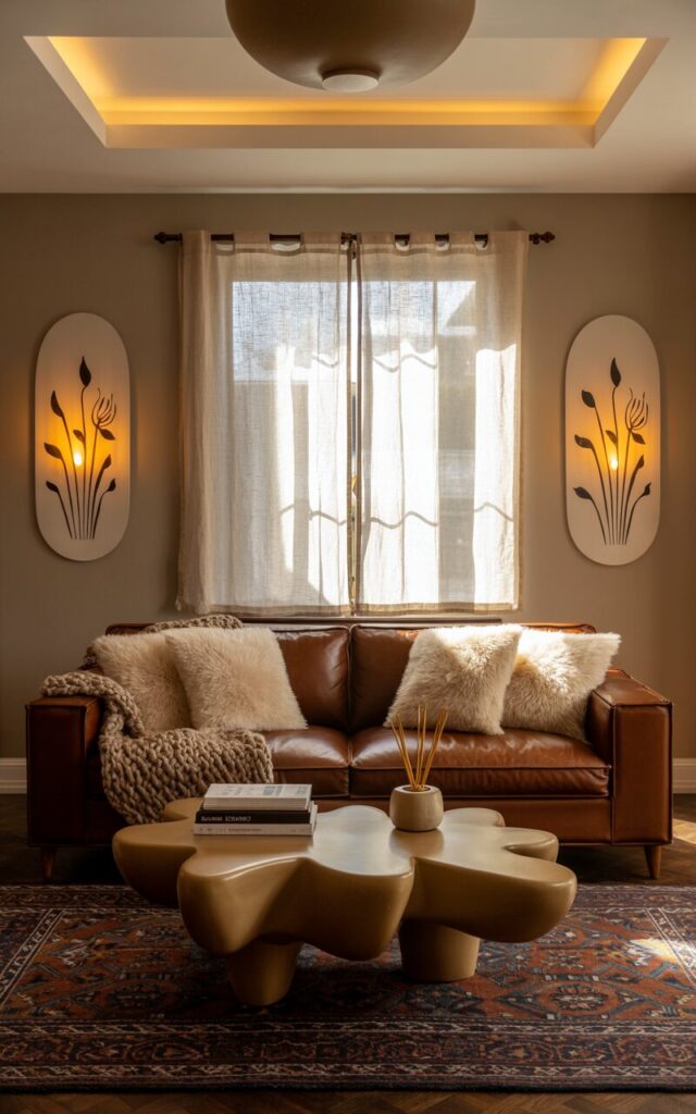 A photograph of a luxurious living room centered around a deep brown leather sofa adorned with plush cream-colored pillows and a chunky knitted throw blanket. Two warm-toned hand-painted wall sconces, depicting stylized floral patterns, flank the sofa, casting a soft glow on the room. A unique, organically shaped coffee table made of polished driftwood sits in front of the sofa, holding a stack of art books and a ceramic incense holder. Sunlight streams through a partially drawn linen curtained window, illuminating a patterned Persian rug on the hardwood floor and a recessed ceiling with a single modern pendant light.