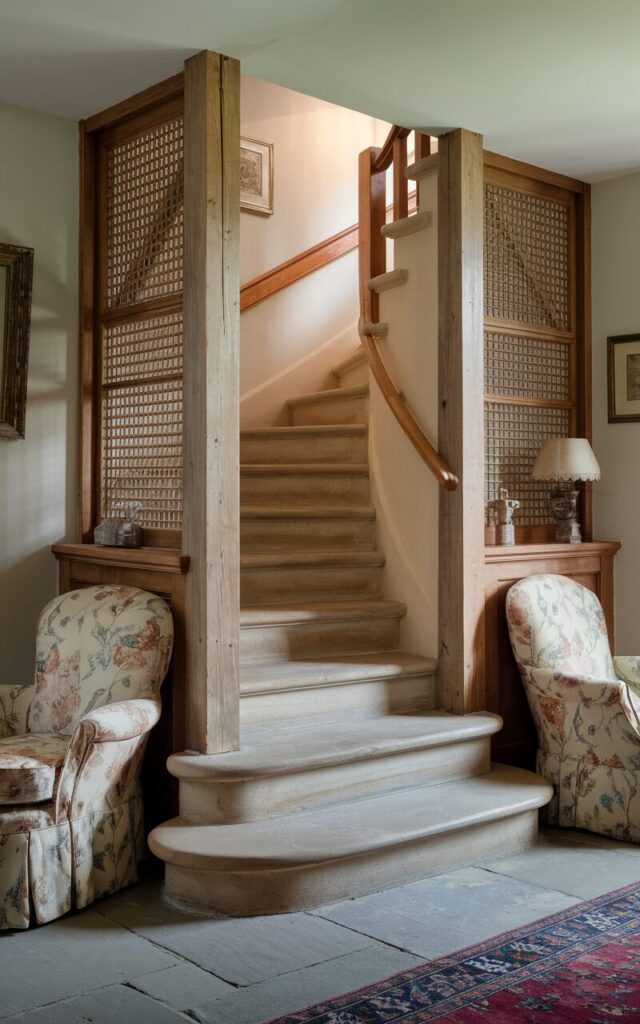 A photo of an English countryside home with a cozy and classic interior. There is a staircase tucked behind a partition. The staircase has natural stone treads with subtle earthy tones, and a warm, polished wood railing. The partition offers privacy while maintaining an open feel, with delicate wood lattice detailing. The surrounding space is filled with floral upholstery, vintage rugs, and soft ambient lighting that highlights the natural textures. The blend of rugged stone and smooth wood creates a timeless, inviting look that feels both sturdy and elegant.