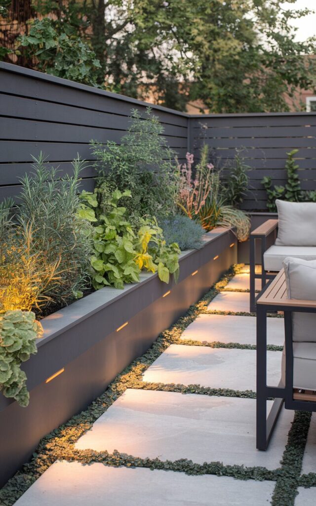 A photo of a modern backyard patio with a sleek mini wall fence that doubles as a planter. The border is filled with fragrant herbs like rosemary, lavender, mint, and thyme. The patio features clean-lined furniture in teak and black metal, paired with neutral outdoor cushions. Large concrete pavers are interspersed with creeping groundcover. Soft, integrated lighting along the mini wall highlights the herbs at night.