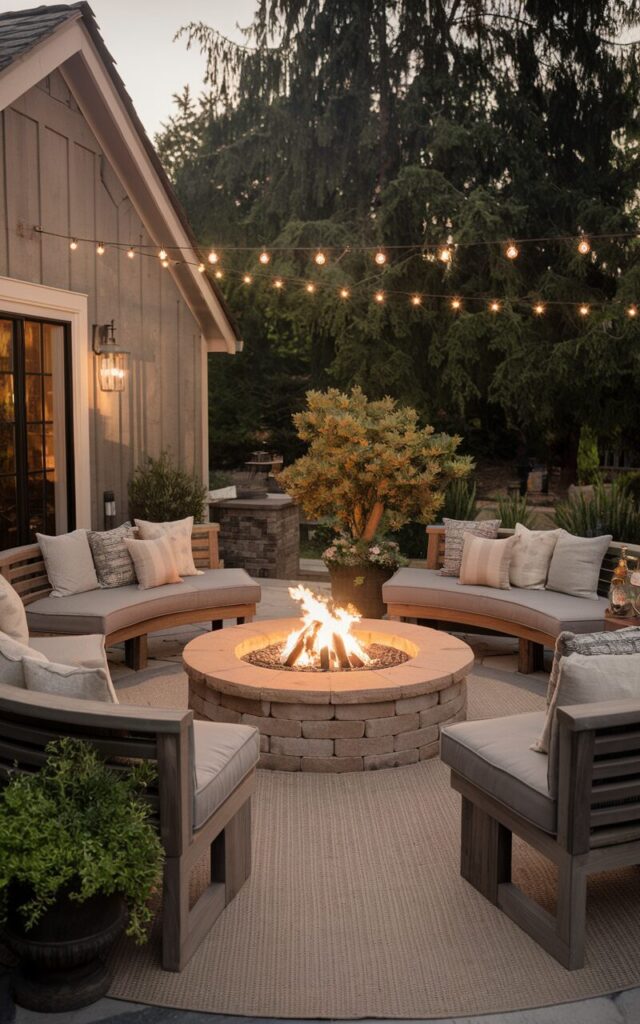 A photo of a posh rustic backyard patio attached to a house. There's a grand stone fire pit with a flaming fire as the centerpiece. Surrounded by the fire pit, there are 2-3 sturdy yet elegant wooden benches with plush cushions. The benches curve gently around the flames, encouraging conversation and warmth on cool evenings. Overhead, subtle string lights add a golden glow. Potted greenery and textured rugs soften the look, creating a luxurious yet welcoming retreat for gatherings right outside the home. The benches are at a safe distance from the firepit.