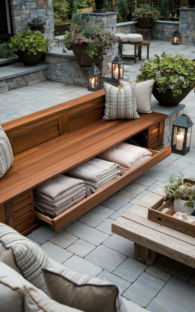 A photo of a posh rustic backyard patio with a built-in wooden bench. The bench has a rich, polished finish and seamlessly blends into the space. The bench opens to reveal hidden storage stocked with neatly folded cushions and cozy blankets. The patio is surrounded by stone pavers, lush potted greenery, and a low coffee table crafted from reclaimed timber. There are soft lantern lights and earthy-toned throw pillows. The atmosphere is inviting and perfect for both casual lounging and elegant outdoor gatherings.