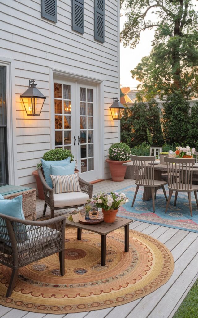 A photo of a southern traditional backyard patio attached to the house, exuding charm and hospitality. A large circular patterned rug anchors the cozy lounge area, complete with cushioned wicker chairs, a small wooden coffee table, and potted blooms in terracotta planters. The adjacent dining area features a rectangular outdoor rug in complementary colors, grounding a weatherproof wooden dining set with classic spindle-back chairs. Warm lantern-style wall sconces on the house façade add a soft, golden glow in the evening. The layered rugs bring both warmth and visual texture, making the patio feel like an inviting extension of the indoors.