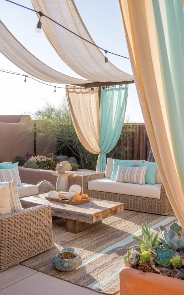 A photo of a Southwestern and coastal backyard patio. There are flowing outdoor curtains in sandy beige and soft aqua, swaying gently in the breeze for a relaxed cabana feel. The space features a cushioned wicker lounge set with striped coastal pillows, a low rustic wood coffee table, and terracotta planters filled with succulents and desert blooms. A woven jute rug anchors the seating area, while seashell accents and driftwood decor blend effortlessly with warm Southwestern tones. Soft string lights and the scent of salt air complete the breezy, sun-kissed retreat.