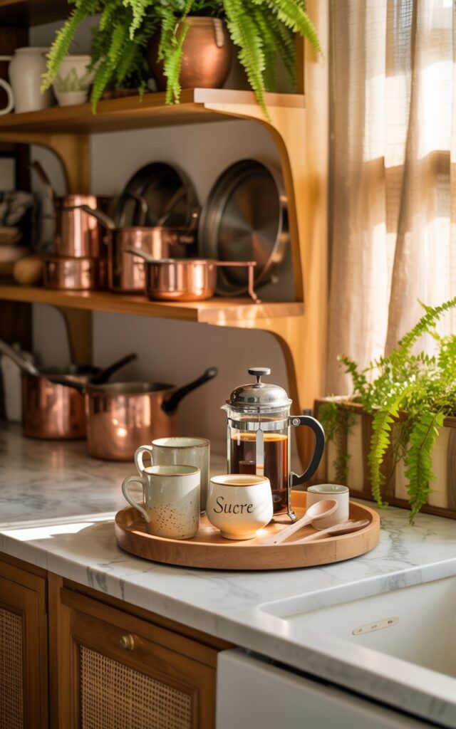 A photograph of a sun-drenched corner in a Balinese-meets-French country kitchen, centered on a small, round wooden tray. The tray sits neatly on the edge of a Carrara marble countertop, displaying a set of mismatched ceramic mugs alongside a silver French press, a small bowl of "Sucre" written in elegant calligraphy, and a wooden spoon. Open shelving behind the tray showcases a collection of antique copper pots and pans, alongside vibrant green ferns in terracotta pots, all softly illuminated by the warm glow of natural light filtering through sheer linen curtains. The kitchen features warm, honey-toned wooden cabinetry and a woven seagrass rug adding texture to the relaxed yet elegant space.