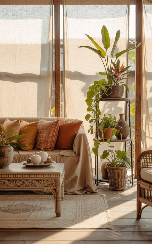 A photograph of a sun-drenched Balinese-rustic living room, highlighting a comfortable, linen-covered sofa as the central focus. The sofa is adorned with soft, patterned cushions in earthy tones of terracotta and ochre, facing a low, intricately carved wooden coffee table. Beside the sofa, a tiered pot stand displays a curated collection of plants, from a tall bird of paradise to cascading pothos vines, while a handwoven rug in cream and beige grounds the space. Warm, natural light streams through sheer linen curtains, casting gentle shadows across the natural wooden floor and rattan furniture, creating a serene and inviting atmosphere.