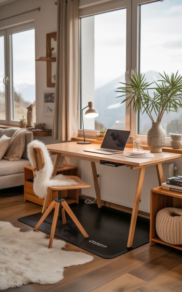 A Boho alpine chic home office featuring a standing desk option with an anti-fatigue mat underneath for comfort. The desk is made of light wood with clean lines, paired with a stylish stool or adjustable chair. The space blends cozy alpine elements—like a sheepskin rug, knitted throws, and wooden accents. Large windows let in natural light, highlighting the airy, relaxed, and functional atmosphere perfect for productivity and well-being