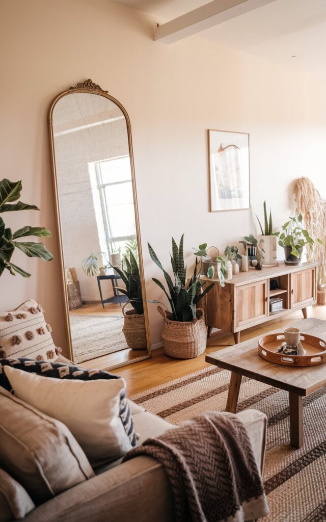A photo of a boho+modern country living room with a slim, sleek vintage-inspired mirror leaning against a wall to bounce light and expand the space. The room features a cozy sofa with patterned cushions, a wooden coffee table, a TV console, woven rugs, indoor plants, and eclectic Boho décor accents. The warm textures, earthy tones, and layered details create a refreshed, airy, and inviting atmosphere. The room is illuminated with warm natural light.