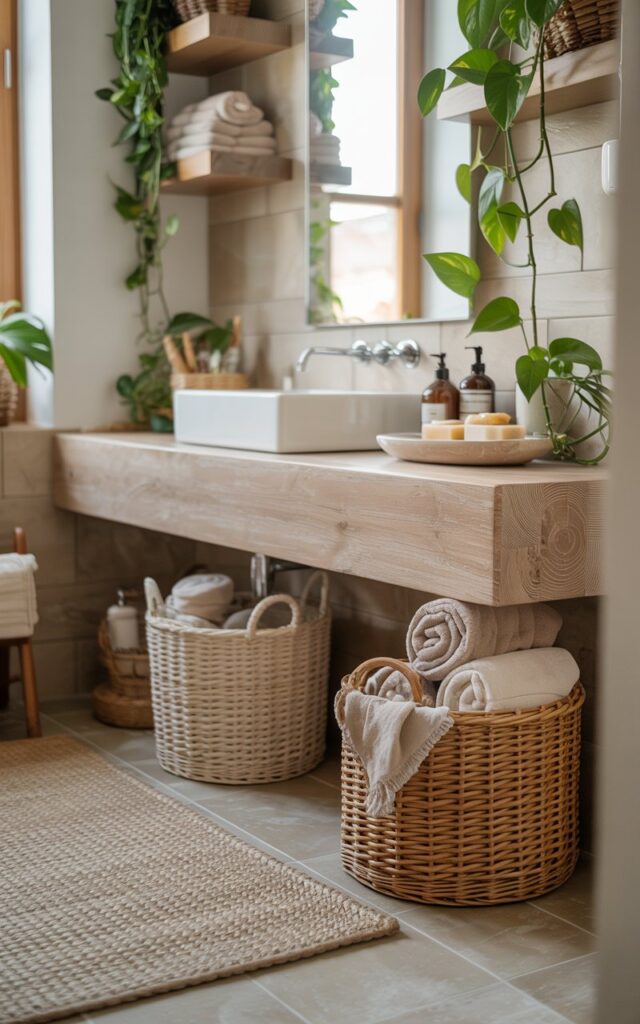 A photograph of a bright, airy Boho-modern rustic bathroom centered around a sleek, slim floating vanity crafted from light-toned wood. Two woven baskets, one cream and one tan, are neatly tucked beneath the vanity, overflowing with rolled towels and natural-scented soaps. A textured beige rug sits on the tile floor, complemented by a trailing pothos plant on open wooden shelving and the soft glow of natural light filtering through a nearby window. The entire scene exudes a sense of calm and organized luxury, with neutral tones and natural textures creating a cozy and inviting atmosphere.