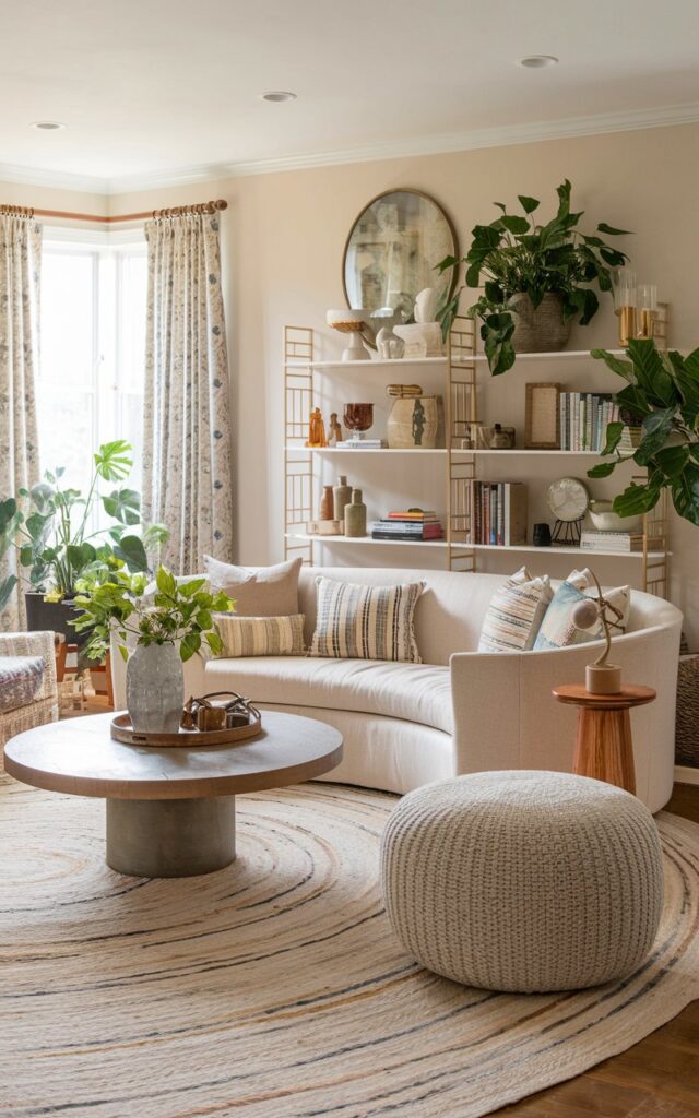 A photo of a boho, traditional, and chic living room with a round coffee table and a curved sofa as focal points. The space is fully furnished with layered rugs, a bookshelf, eclectic cushions, indoor plants, and vintage-inspired decor. Natural wood tones, textured fabrics, and warm ambient lighting enhance the cozy boho feel, while traditional furniture details and chic accents create a refreshed, stylish, and inviting atmosphere.
