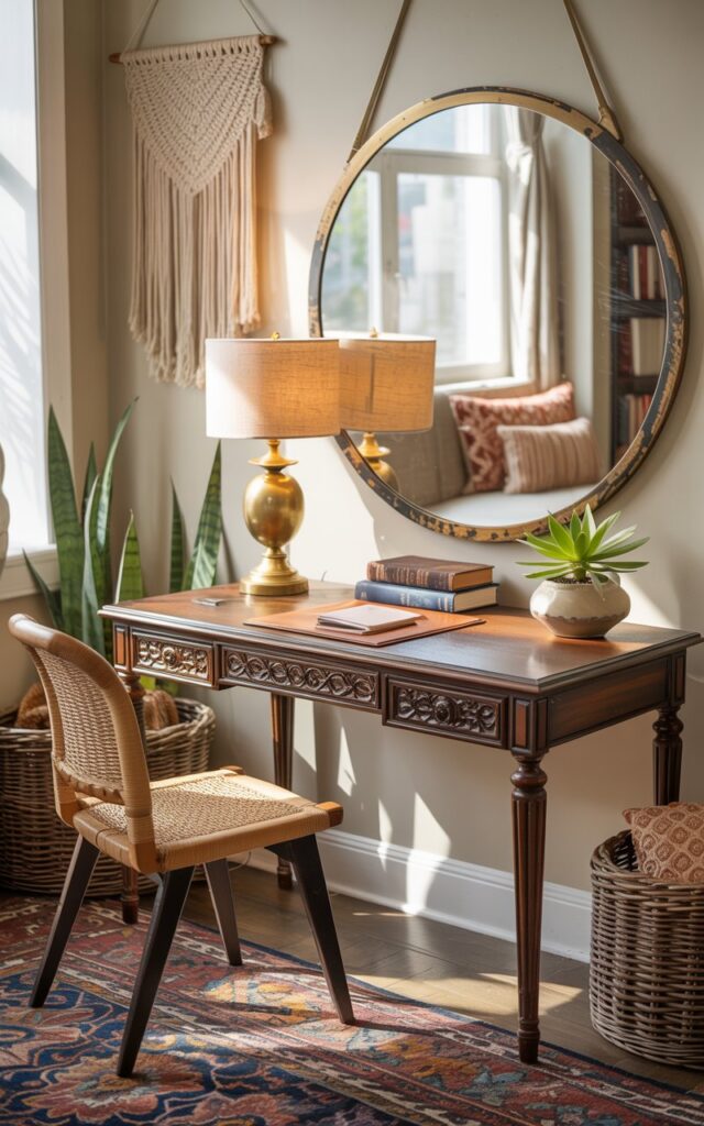 A photograph of a cozy home office nook seamlessly integrated into a living room, centered around a beautifully carved dark wood desk. The desk is adorned with a vintage brass lamp, a stack of leather-bound books, and a small ceramic pot holding a vibrant succulent. Above the desk, a large round mirror with a distressed gold frame reflects the soft natural light streaming in from a nearby window, visually expanding the space and highlighting the layered textiles, macramé wall hangings, and patterned cushions that create a boho-chic atmosphere. The room features a woven chair, a colorful Persian rug, and strategically placed rattan baskets, all bathed in the warm glow of the afternoon sun.