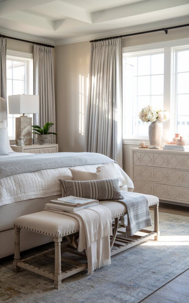A photo of a California coastal chic bedroom. At the foot of the bed, there is a stylish bench layered with throws and blankets. The room is fully furnished with a bed, nightstands, a floor rug, and coastal-inspired decor accents. Soft natural light streams through curtained windows. The room has airy neutral tones, textured fabrics, and relaxed, elegant furnishings. The overall vibe is cozy yet sophisticated, perfectly blending California coastal charm with chic styling.