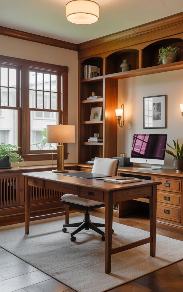 A Craftsman + chic home office with meticulous cable management to keep surfaces clean and uncluttered. The workspace features a solid wood Craftsman-style desk with rich grain, paired with a comfortable upholstered chair. Cables are neatly hidden using organizers and trays, maintaining the elegance of the space. Classic built-in shelves, brass accents, and warm lighting complement the room’s sophisticated, handcrafted aesthetic. Potted greenery and tasteful decor add life without clutter, creating a functional yet stylish environment."