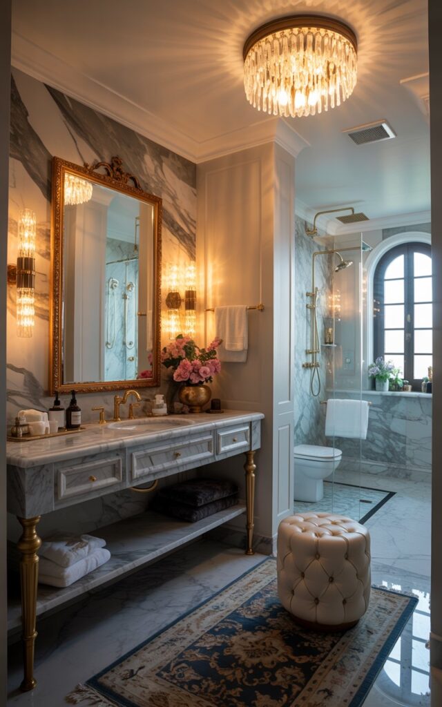 A photograph of a luxurious European-style bathroom with a focus on a marble vanity featuring a gold-rimmed mirror. The vanity is adorned with sleek fixtures and a marble countertop, complemented by elegant wall sconces that cast a warm glow on the space, and a dramatic chandelier-style ceiling fixture illuminates the room. A plush, tufted stool sits nearby on a patterned rug, while a glass-enclosed shower area and modern toilet are visible in the background, all contributing to a radiant and glamorous atmosphere. Soft, diffused light highlights the textures and details of the bathroom, creating a serene and inviting ambiance.