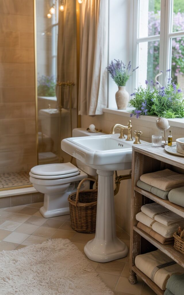 A photograph of a serene French country bathroom centered around a classic white pedestal sink with ornate brass fixtures. The sink sits on a light beige tiled floor softened by a plush, cream-colored rug, while a nearby toilet and enclosed glass shower area are visible, seamlessly integrated into the space. Open wooden shelves display neatly folded linen towels in shades of ivory and pale blue, alongside a small ceramic vase holding lavender sprigs, illuminated by gentle natural light filtering through a window overlooking a blooming garden. The overall atmosphere is warm and inviting, accented by subtle textures and neutral tones evoking a sense of rustic elegance.