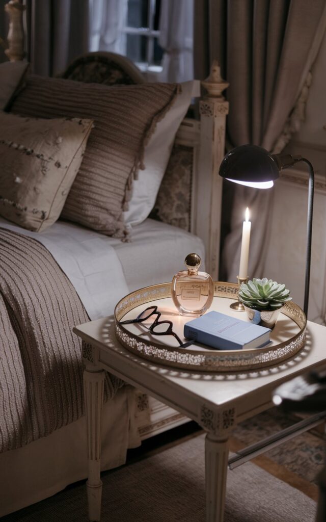 A photo of a French country bedroom at night. The room contains a bed with layered textured bedding, a nightstand with a chic decorative tray holding a specs, a perfume bottle with a gold lid, a lit candle, a book, and a small succulent. The nightstand also has a night lamp which casts light on the tray. The room has classic wooden furniture, a floor rug, and soft curtains.