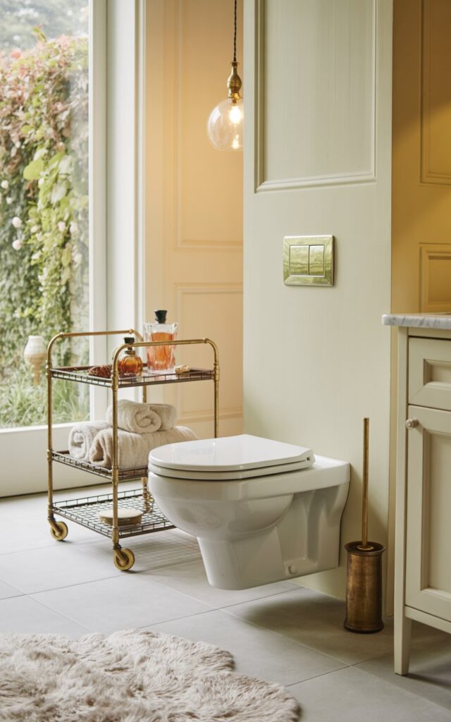 A photograph of a beautifully designed French country style bathroom, showcasing a modern wall-hung toilet as the central focus. The toilet is positioned over light grey tile flooring softened by a plush, cream-colored floor rug, and is accented by a polished brass towel bar. Beside the toilet stands a sleek white vanity with a marble countertop and a vintage-inspired rolling cart filled with rolled towels and antique perfume bottles, bathed in the soft glow of a hanging pendant light.  The background features pale yellow walls and a large window offering a glimpse of a lush, overgrown garden, completing the cozy countryside aesthetic.