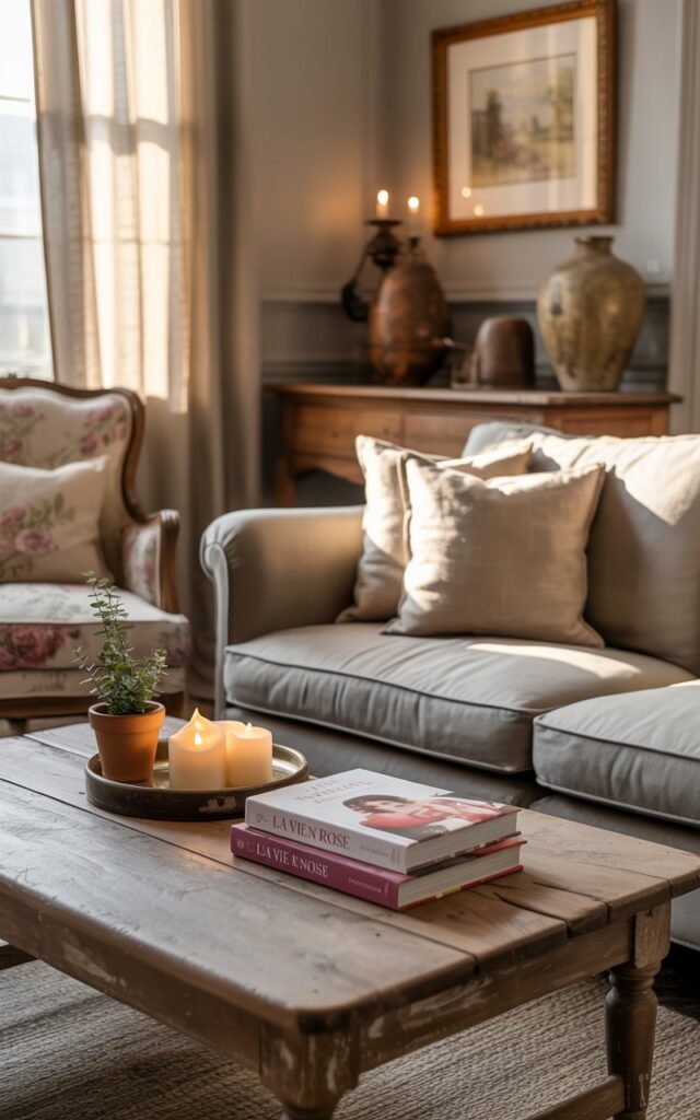 A photograph of a cozy French country-style living room bathed in the soft glow of late afternoon sunlight. The room’s focal point is a plush, dove-gray sofa adorned with linen cushions, positioned facing a distressed wooden coffee table holding "La Vie en Rose" stacked neatly alongside two lavender-scented candles and a small terracotta pot with a sprig of eucalyptus. A vintage armchair with a floral patterned upholstery sits nearby, while subtle decorative accents such as antique ceramic vases and a framed watercolor landscape add to the refined, lived-in ambiance. Warm, diffused light filters through sheer linen curtains, casting gentle shadows and highlighting the room's rustic charm.