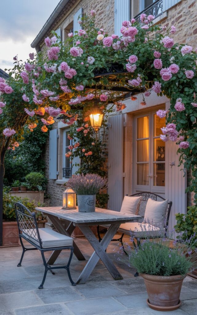 A photograph of a charming French country style patio attached to a stone home at dusk. The patio features a weathered wooden table adorned with a vase of freshly cut lavender and a single lit vintage lantern, perfectly centered beneath a flourishing trellis of vibrant pink climbing roses. The stone flooring is lined with terracotta pots containing more lavender, and a comfortable wrought-iron bench with linen cushions sits invitingly to the side. Soft, golden light filters through the rose trellis, casting a romantic glow across the scene and highlighting the distressed wood accents of the patio furniture.