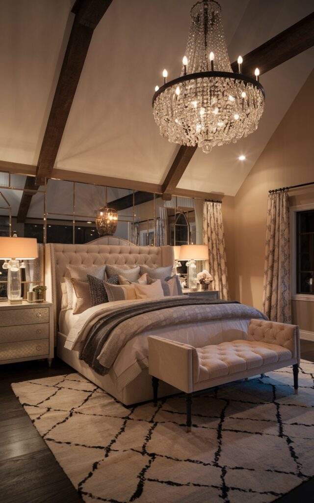 A high-resolution, realistic photo of a Hollywood glam-farmhouse bedroom at night. The room is fully furnished with a luxurious bed, layered bedding, and elegant nightstands. A dramatic statement chandelier hangs from a vaulted ceiling. The room combines glamorous finishes with rustic farmhouse elements. Warm, ambient lighting casts a cozy glow across the space, highlighting metallic accents, textured rugs, and decorative details.