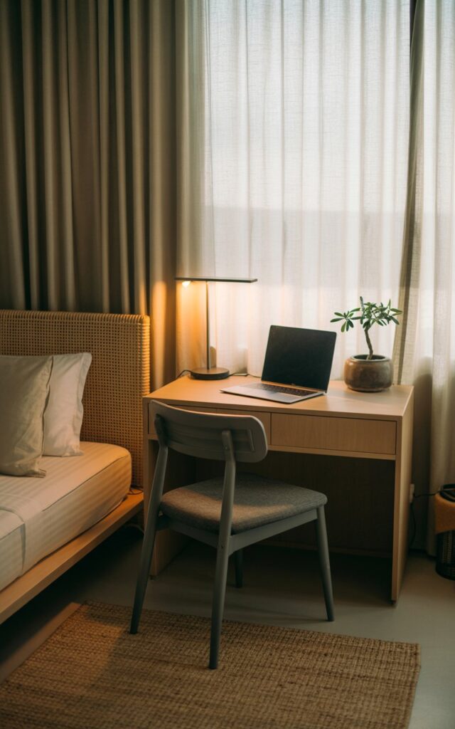 A photograph of a Japandi-Balinese bedroom centered around a minimalist workspace beside a low platform bed. A silver laptop sits open on a light-toned wood desk alongside a slim black table lamp and a small jade plant in a ceramic pot, accompanied by a gray ergonomic chair. The room features a woven rattan headboard, a textured jute rug, and soft linen curtains in muted beige tones, bathed in gentle morning light filtering through sheer white curtains. Warm, diffused lighting highlights the serene atmosphere, creating a functional yet inviting space.
