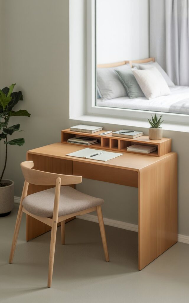 A photograph of a light-wood modular desk within a Japandi-Scandi style home office, positioned neatly against a pale gray wall. The desk features clean, minimalist lines and is paired with stackable storage units holding neatly organized notebooks and a small ceramic succulent planter; a Scandinavian-inspired ergonomic chair in a light beige fabric sits comfortably at the desk, facing a large window offering a view of a calming bedroom scene. Soft, diffused light from the window illuminates the uncluttered surfaces, creating a cozy and functional workspace accentuated by a single potted fiddle leaf fig in the corner.