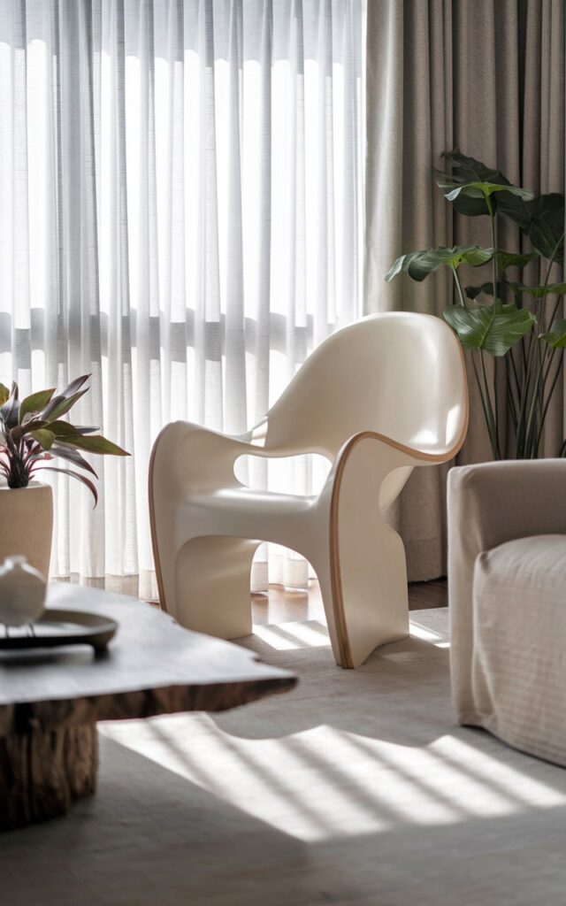 A photo of a Japandi living room with a sculptural statement chair as the focal point. The chair, with sleek curves and natural wood accents, sits beside a low coffee table and minimalist sofa. The space is styled with neutral tones, soft textiles, indoor plants, and clean-lined furniture. Natural light filters through sheer curtains, highlighting the sculptural chair and creating a refreshed, serene, and stylish atmosphere.