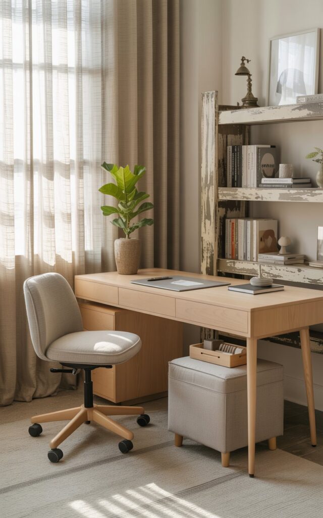 A photograph of a minimalist light wood desk within a Japandi-shabby chic home office, showcasing a clutter-free workspace. The desk features sleek, integrated under-desk drawers and a nearby linen-upholstered storage ottoman, holding neatly arranged accessories. A plush, light gray ergonomic chair sits before the desk, accompanied by a single, vibrant fiddle-leaf fig plant in a ceramic pot, bathed in the soft glow of natural light filtering through a sheer linen curtain. The room’s neutral palette of creams and grays is accented by distressed wood shelving in the background, displaying a curated selection of books and a small, antique brass lamp.