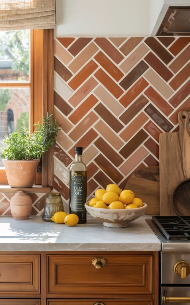 A photograph of a bright and airy Mediterranean-style kitchen, showcasing a striking herringbone backsplash of earthy terracotta tiles as the focal point. Below the backsplash, warm wooden cabinets contrast beautifully with a light gray stone countertop styled with a collection of everyday essentials: a glass bottle of "extra virgin olive oil", a ceramic bowl overflowing with bright yellow lemons, and a rustic wooden chopping board. Sunlight streams through a nearby window, illuminating the backsplash and casting a warm glow on the woven linen curtains and brass hardware accents throughout the space.