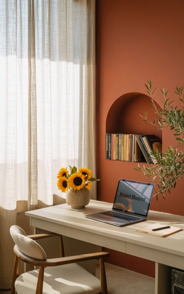 A photograph of a bright, modern home office bathed in soft morning light. A sleek white desk sits centered in the frame, holding a laptop open to display "PROJECT BLUEPRINT" and a small ceramic vase filled with vibrant sunflowers. The desk is positioned against a striking terracotta accent wall, softened by sheer linen curtains that diffuse the sunlight and a gently arched niche displaying a collection of vintage books, while wrought-iron detailing and potted olive trees add Mediterranean warmth. The overall scene evokes a sense of calm focus and creative energy.