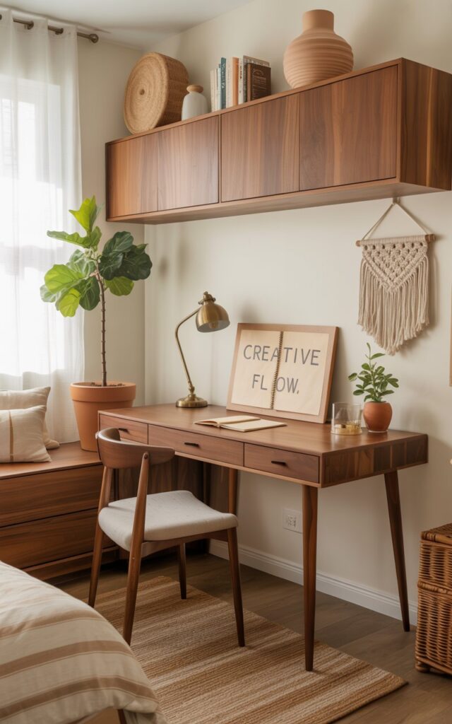 A photograph of a bright, sun-drenched mid-century modern home office seamlessly integrated with a bedroom corner. A sleek walnut desk with gently tapered legs sits centered in the frame, holding a vintage brass desk lamp and a notebook open to the words "“Creative Flow””. Above the desk, minimalist floating walnut cabinets with clean lines provide ample storage, their warm wood tones complementing the desk. Soft bohemian accents, including a layered jute rug and a macramé wall hanging, add texture and warmth, while a thriving fiddle-leaf fig tree in a terracotta pot brings a touch of life to the space.