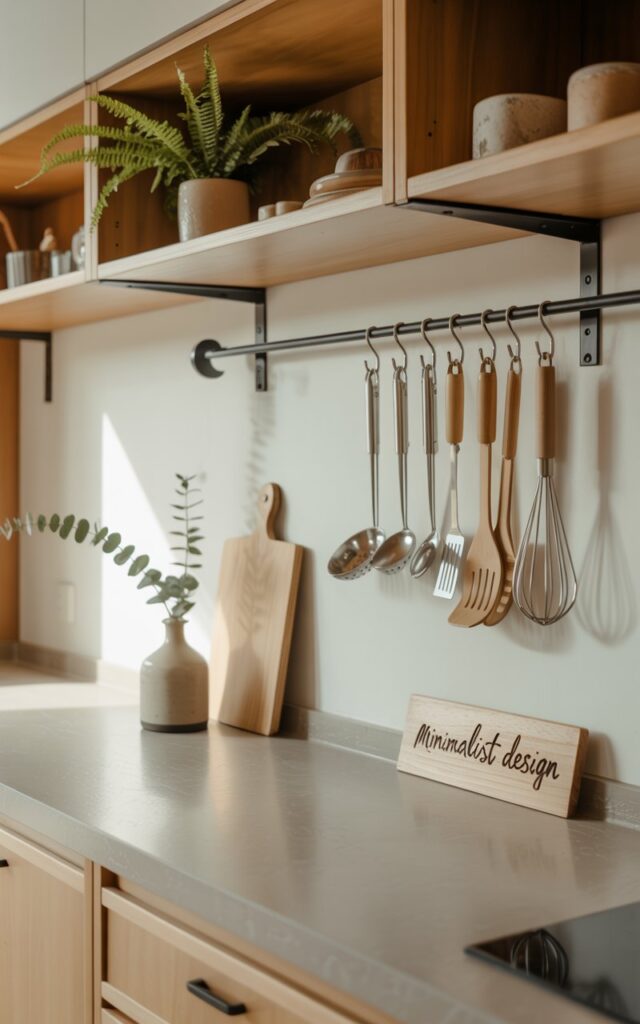 A photograph of a meticulously organized Scandi-Balinese kitchen featuring a pristine stone countertop and light wood cabinetry. Hanging from a sleek black rail mounted on the wall are various stainless steel utensils – tongs, a wooden ladle, and a delicate whisk – all neatly arranged with S-hooks within easy reach of the prep area. A few potted ferns and a small ceramic vase holding sprigs of eucalyptus add subtle touches of greenery to the open shelving, creating a serene, tropical-meets-Scandinavian vibe, while "minimalist design" is elegantly etched into a wooden cutting board. Soft, diffused sunlight streams through a nearby window, highlighting the clean lines and functional beauty of the space.