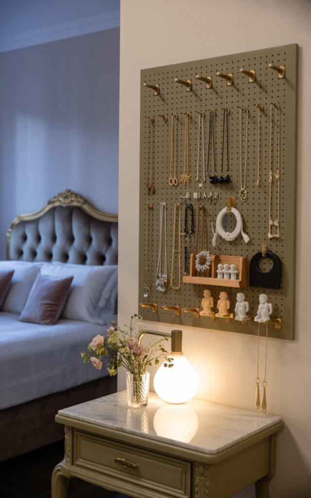 A photograph of a modern bedroom interior, centered on a vintage-inspired vanity table and a small, dark-stained pegboard mounted directly above. The pegboard displays an array of delicate gold necklaces, silver bracelets, and petite ceramic figurines arranged in neat rows, accented by small brass hooks. A plush, velvet headboard of a classic Victorian bed is partially visible in the background, alongside a dimly lit sconce casting a soft glow on the vanity's marble top, showcasing a delicate floral arrangement in a crystal vase. The overall scene evokes a sense of organized elegance, blending Victorian aesthetics with contemporary functionality under warm, diffused lighting.