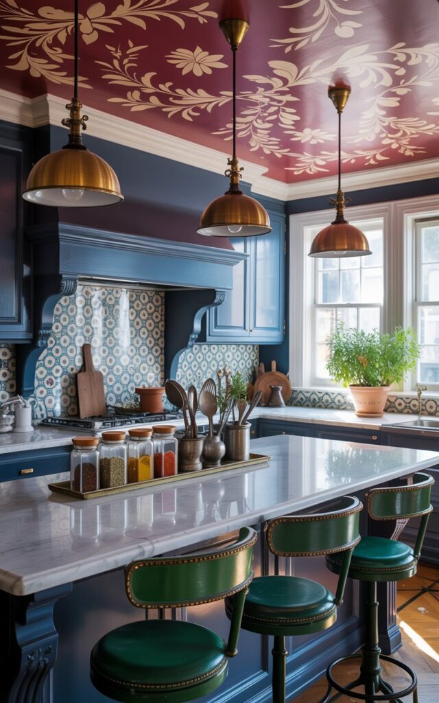 A photograph of a bright Victorian-style kitchen centered around a gleaming, polished white marble countertop. Nestled along the countertop are several glass jars filled with colorful spices and a collection of antique silver utensils, all under the gaze of a striking geometric tile backsplash. Above, the ceiling is boldly painted with a swirling floral pattern in shades of deep crimson and gold, highlighted by three elegant brass pendant lights. The space is finished with sleek navy cabinetry, vintage-inspired emerald green bar stools, and a small potted rosemary plant sitting in a ceramic pot near the window.