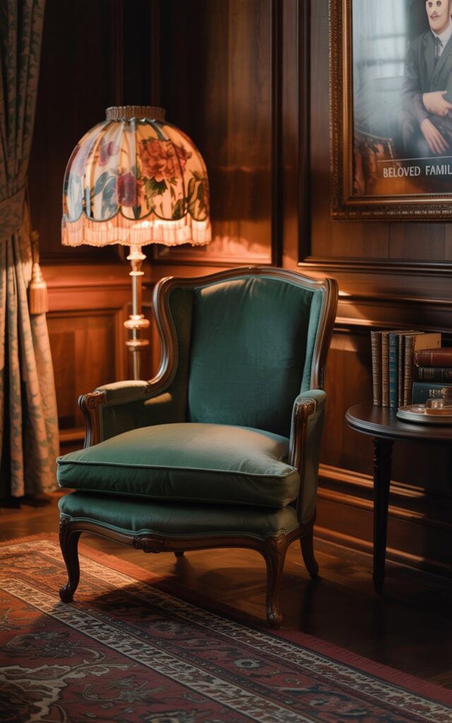 A photograph of a luxurious Victorian-style living room bathed in the soft glow of a floral lampshade. A velvet armchair, upholstered in deep emerald green, sits centered in the room, its ornate wooden frame highlighted by the lamp's warm light. Surrounding the chair, dark wood paneling is accented by a richly patterned Persian rug and antique books displayed on a mahogany side table next to a partially-seen framed portrait that reads "Beloved Family". The scene exudes a cozy, cinematic atmosphere with the warm light creating gentle shadows and highlighting the textures of the plush upholstery.
