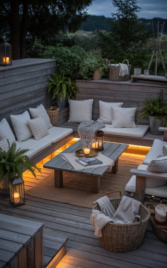 A photograph of an outdoor patio bathed in the soft glow of dusk, embodying an alpine chic and cottagecore aesthetic. The patio features a comfortable arrangement of weathered wooden benches adorned with plush cream-colored cushions, surrounding a low, rustic coffee table layered with a chunky knit rug and a woven throw blanket. Potted ferns, vintage lanterns, and woven baskets filled with folded linen blankets are scattered throughout the space, with subtle LED strip lighting accentuating the patio's edges beneath the benches and steps. The scene evokes a serene and inviting ambiance, with the fading twilight casting long shadows and creating a warm, intimate atmosphere.