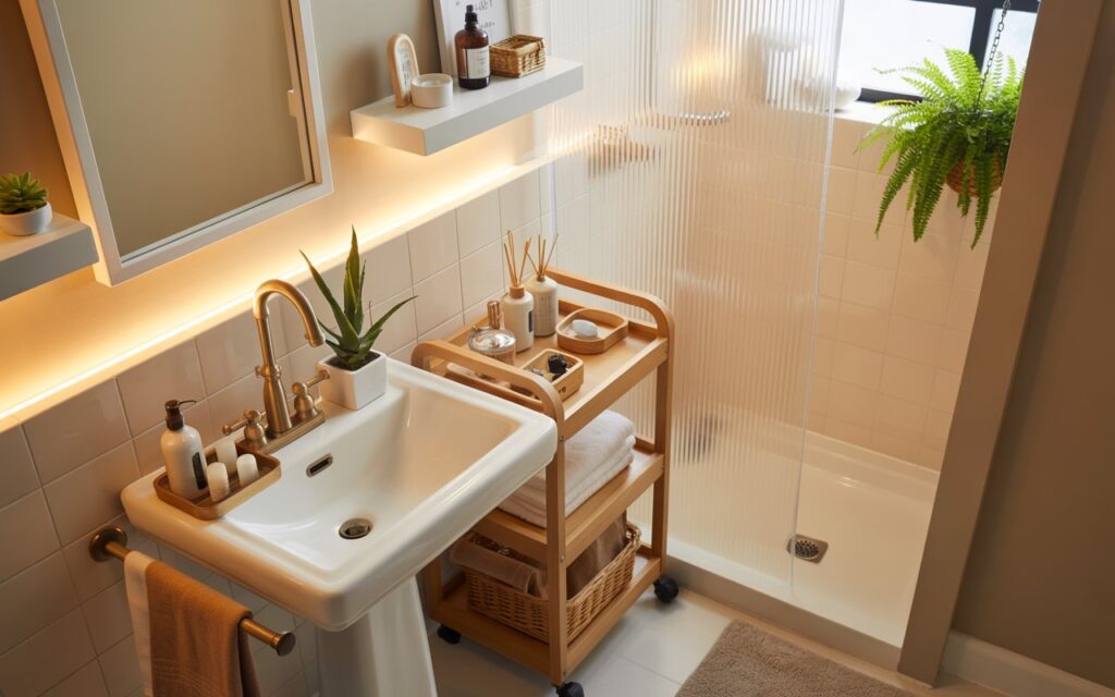 A photograph of a meticulously styled small bathroom showcasing clever space-saving hacks. The focal point is a white pedestal sink with a brushed gold faucet, adorned with tiered trays displaying neatly arranged toiletries and a small succulent. A slim, light-wood rolling cart sits beside the sink, stocked with neatly folded towels and decorative storage baskets, while a clear shower curtain gently separates the shower space, enhancing the sense of openness and featuring a small hanging fern in the corner. Warm, diffused lighting from recessed LED strip lights under floating shelves illuminates the scene, creating a bright, airy, and luxurious ambiance within the compact room.