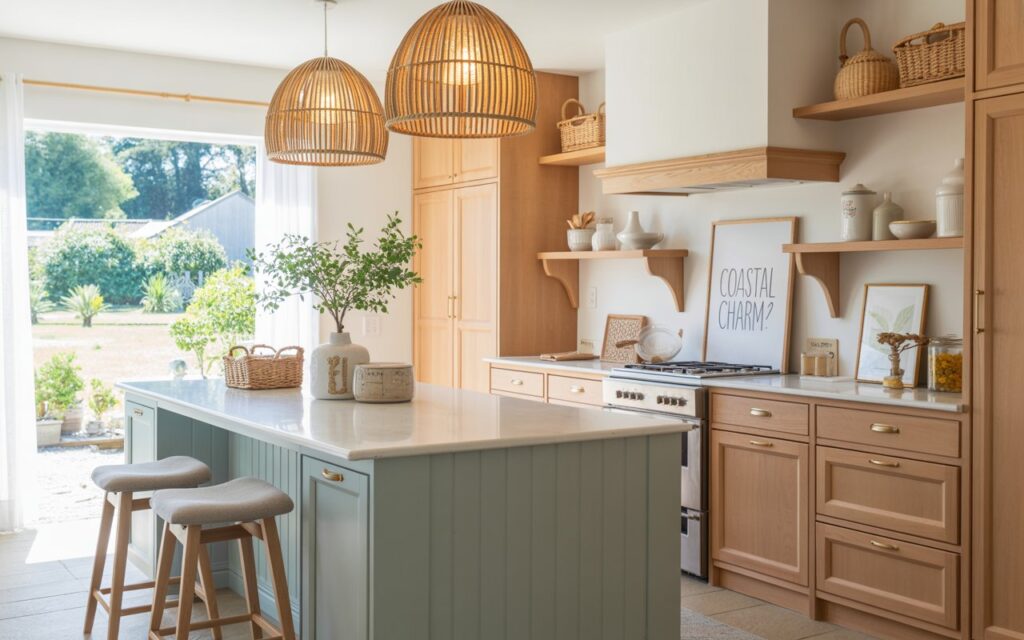 A photograph showcases a bright and airy countryside-coastal style kitchen, highlighting a central island as the primary focus. The island features a smooth, white quartz countertop paired with two light grey barstools, and soft, woven pendant lights hang directly above, casting a warm glow. Behind the island, neatly organized light-wood cabinets with brushed brass hardware and open shelves display ceramic jars, woven baskets, and a framed print reading "“Coastal Charm”". Natural light streams in from a large window overlooking a lush garden, creating a fresh and inviting atmosphere with a palette of soft blues, whites, and sandy neutrals.