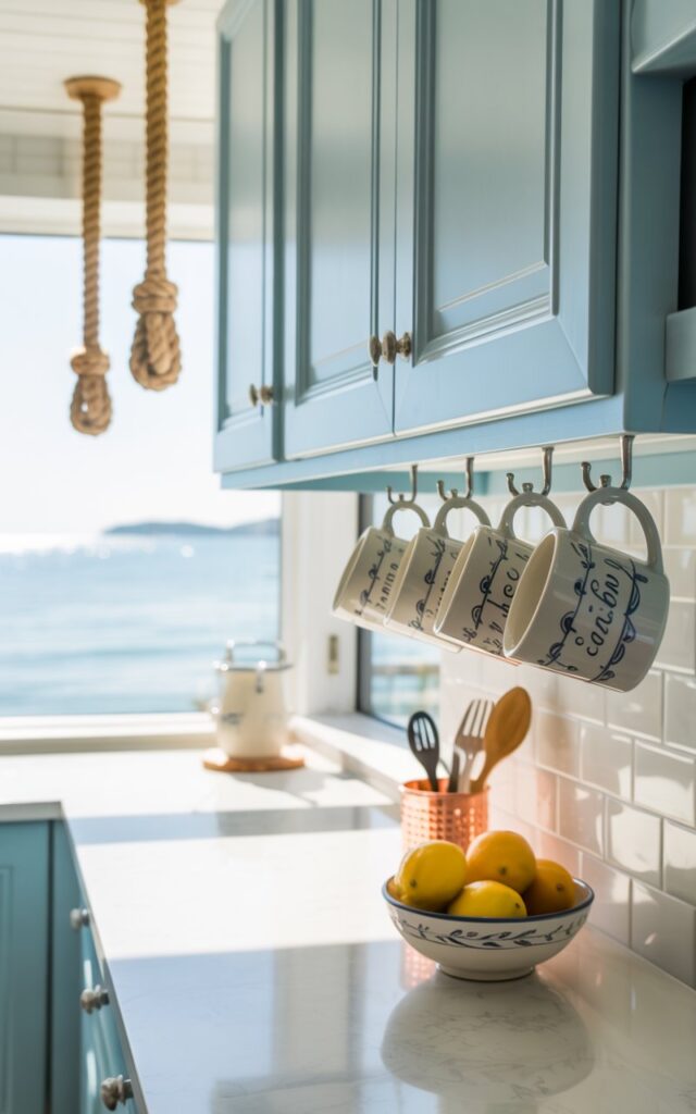 A photograph of a bright and airy coastal kitchen featuring soft white cabinetry accented with light blue trim. A row of sleek, brushed nickel hooks beneath the upper cabinets holds three ceramic mugs displaying a nautical pattern—one reads "Salty Air" in a delicate font. Sunlight streams through a large window, illuminating a pristine white marble countertop where a bowl of lemons sits next to a copper utensil holder, while rope pendant lights hang above, completing the seaside-inspired aesthetic. The kitchen's background includes a glimpse of a calm blue ocean through the window, softly blurred to maintain focus on the interior details.