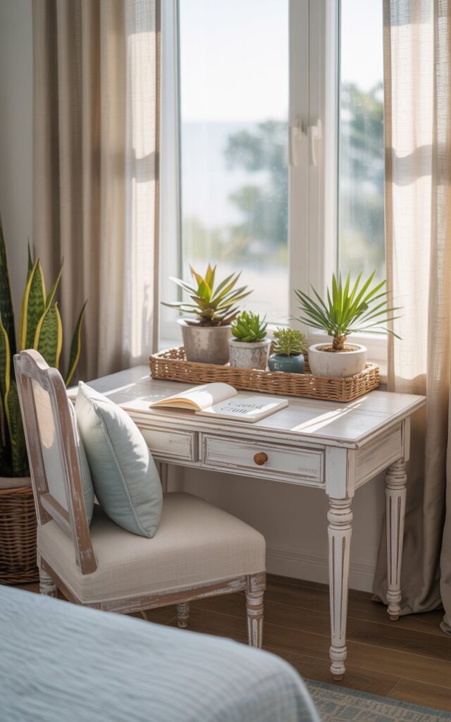 A photograph of a serene coastal-style home office nook nestled within a tranquil bedroom. A whitewashed wooden desk adorned with a woven wicker tray sits positioned next to a large window, holding a single open notebook with the words "Coastal Calm" written inside. A linen-upholstered chair with light blue cushions is pulled up to the desk, complemented by a cluster of potted succulents, a vibrant snake plant, and a miniature areca palm arranged on the windowsill. Soft, diffused sunlight streams through sheer, sandy beige curtains, illuminating the room's nautical-inspired decor and creating a relaxed, airy ambiance.
