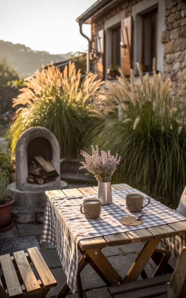 A photograph of a charming European-style outdoor patio nestled against a stone home, showcasing a rustic wooden table set for a simple breakfast. The table is adorned with a checkered linen tablecloth, two ceramic mugs filled with steaming coffee, and a small vase holding fresh lavender sprigs, all bathed in the soft glow of early morning light. Tall ornamental grasses in hues of amber and sage frame the patio, providing a natural privacy screen and swaying gently in the breeze, while a weathered stone fire pit sits nearby, hinting at cozy evenings spent outdoors. Dawn’s warm golden light filters through the grasses, casting long shadows and creating a serene and enchanting atmosphere.