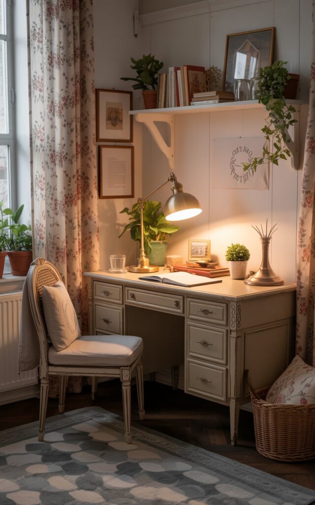 A charming cottagecore style home office, fully furnished and cozy, featuring a stylish desk lamp for focused task lighting. The desk is a vintage wooden piece adorned with small potted plants, books, and delicate accessories. A comfortable chair with a soft cushion complements the setup. Floral curtains, patterned rugs, and warm natural lighting create a quaint, inviting atmosphere. The desk lamp, with a brass or ceramic base and soft glow, adds both functionality and a touch of rustic elegance, making the workspace practical and aesthetically pleasing. Night time. only light from desk lamp.