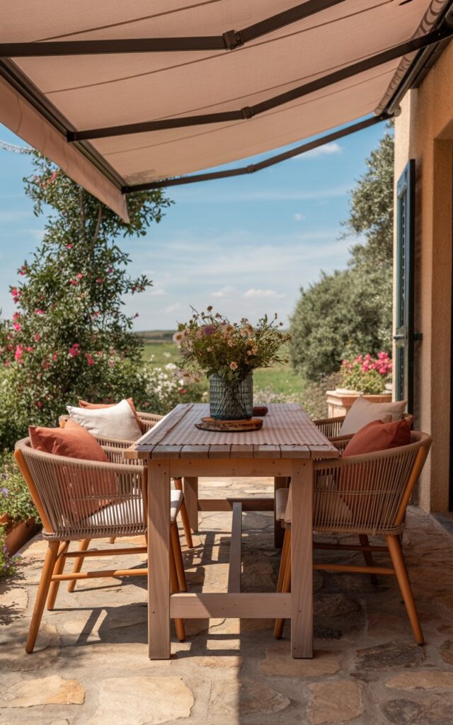A photograph of a rustic wooden dining table set on a charming countryside patio. The table is adorned with a checkered tablecloth and holds a vase of wildflowers, while four woven chairs surround it, each featuring plush cushions in muted earthy tones. A neutral-colored retractable awning is partially extended above, casting soft shadows over the scene and offering a glimpse of the bright blue sky beyond. The patio is framed by flowering shrubs and natural stone flooring, creating a warm and inviting atmosphere perfect for enjoying "summer evenings".