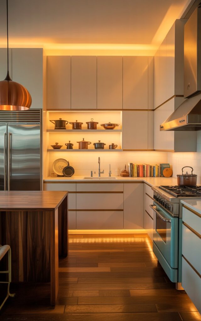 A photograph of a pristine Mid-century modern kitchen bathed in warm, amber light. The kitchen features sleek, white cabinetry with integrated handles and clean geometric lines, accented by a single row of open shelves displaying vintage ceramic cookware. A brushed stainless steel refrigerator and a retro-style turquoise oven add a subtle pop of color, while a copper pendant light hangs above a butcher block island. Soft, golden light spills from under the cabinets, illuminating a scattering of cookbooks and highlighting the natural wood tones of the flooring.