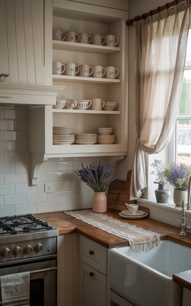 A photograph of a charming, modern cottagecore kitchen with an open shelf prominently displayed. The shelf is meticulously organized, showcasing a collection of mismatched ceramic coffee mugs and patterned cereal bowls. Below the shelf, white-painted cabinets lead to a rustic wooden countertop featuring a stainless steel stove and farmhouse sink, accented by a vintage rug runner and a small vase holding sprigs of lavender and baby's breath. Soft natural light streams through a window draped with sheer linen curtains, creating a warm and inviting atmosphere within the kitchen.