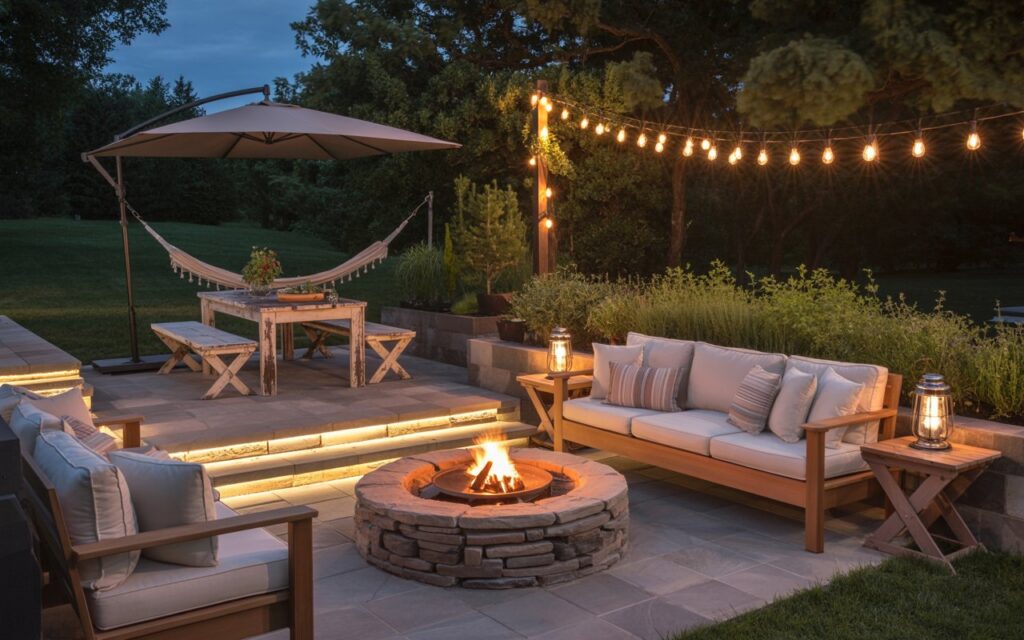 A photograph of a warmly lit outdoor patio showcasing a natural stone fire pit as the central focus. The fire pit is encircled by a weather-resistant teak sofa adorned with plush cushions and rustic wooden benches featuring subtle storage compartments, all arranged thoughtfully around a small dining nook with a weathered wooden table set for two. Soft LED strip lighting gently outlines the stone pathways leading to the patio, while a cantilever umbrella provides ample shade, complemented by a freestanding hammock gently swaying nearby and a raised herb garden overflowing with fragrant greenery. As dusk settles, strings of vintage Edison bulbs and ornate lanterns cast a soft, inviting glow, blending cottagecore charm with modern Americana practicality.