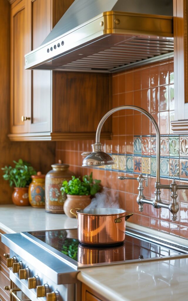 A photograph of a meticulously designed Mediterranean kitchen counter, showcasing a gleaming stainless steel pot filler gracefully arched above a modern induction cooktop. A copper milk pot sits steaming gently on the burner, ready for use, while a sleek rangehood with brushed brass accents hangs above the cooking area. The counter is topped with creamy white stone, complementing warm-toned cabinetry and a vibrant backsplash of hand-painted terracotta tiles, accented by decorative ceramic jars filled with fresh herbs and soft, diffused light from a single elegant pendant lamp.