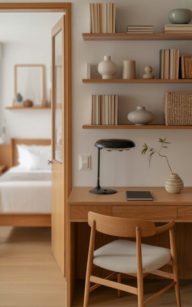 A photograph of a Japandi-style home office featuring a light oak desk positioned near an open doorway leading to a blurred bedroom. On the desk sits a sleek black desk lamp and a small ceramic vase holding a single sprig of bamboo. Floating wooden shelves, displaying a selection of neatly arranged books, minimalist pottery, and woven baskets in shades of beige and gray, are mounted on the wall behind the desk, while a comfortable Scandinavian chair with natural linen upholstery faces the desk. Soft, diffused natural light streams through the doorway, highlighting the warmth of the wood and the calming balance of the room's design.