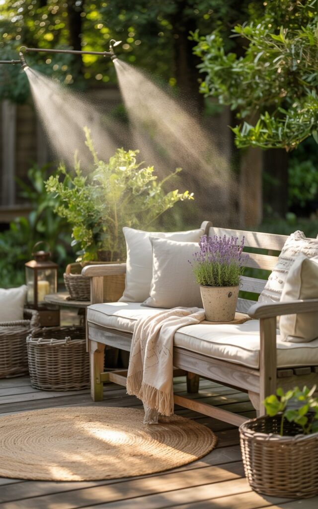 A photograph of a cozy outdoor patio styled with a cottagecore aesthetic, showcasing a weathered wooden bench as the central focus. The bench is adorned with plush cream-colored cushions, a textured linen throw blanket, and a small ceramic pot holding a vibrant lavender sprig. Around the bench, layered jute rugs create a warm foundation, while woven baskets and a vintage lantern softly illuminate the area, all gently cooled by misting nozzles spraying a fine, shimmering mist, and bathed in the dappled sunlight filtering through lush green foliage. The scene exudes a sense of peaceful retreat, perfect for enjoying a warm summer afternoon.