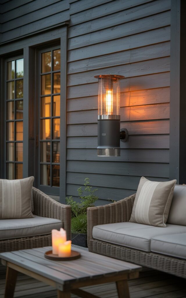 A photograph of a modern farmhouse patio featuring a wall-mounted heater as the central focus. The heater has a cylindrical shape with a matte black finish that subtly contrasts with the weathered gray wooden siding of the house behind it, emitting a gentle orange glow. Beneath the heater, a comfortable seating area includes two cushioned benches with neutral-toned pillows and a rustic wooden coffee table holding a flickering candle. Soft, warm light illuminates the patio, creating a cozy and inviting atmosphere on a cool evening.
